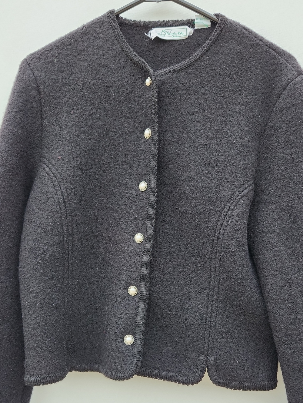 Pamela Kelly Black Boiled WOOL Button Cardigan with Pearl Buttons